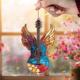 Winged Guitar Acrylic Suncatcher, Angel Music Window Decor, Stained Glass Style Guitar Art Gift for Musician Studio or Home Decoration