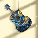 Starry Night Guitar Acrylic Suncatcher, Van Gogh Inspired Music Window Decor, Blue Yellow Stained Glass Style Art Gift for Music Lover