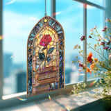 Rose and Books Acrylic Suncatcher, Stained Glass Style Window Panel, Literary Beauty Floral Art Gift for Book Lover Home Decor