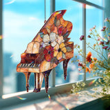 Grand Piano Acrylic Suncatcher, Floral Music Window Decor, Stained Glass Style Piano Art Gift for Music Lover Home Decoration