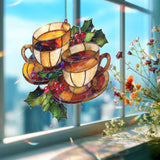 Holiday Tea Cup Acrylic Suncatcher, Festive Holly & Berries Window Decor, Cozy Christmas Coffee Cup Stained Glass Style Gift