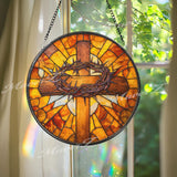Cross and Crown of Thorns Stained Glass Suncatcher, Round Christian Window Panel, Easter Sunburst Glass Art Home Decor Gift