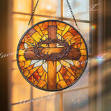 Cross and Crown of Thorns Stained Glass Suncatcher, Round Christian Window Panel, Easter Sunburst Glass Art Home Decor Gift