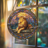 Majestic Lion Stained Glass Suncatcher, Round Castle Window Panel, Courage Strength Glass Art Home Decor Gift