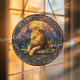 Majestic Lion Stained Glass Suncatcher, Round Castle Window Panel, Courage Strength Glass Art Home Decor Gift