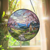 Cottage Landscape Stained Glass Suncatcher, Round Spring Blossom Window Panel, Mountain Sunset Glass Art Home Decor Gift