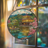 Japanese Temple Stained Glass Suncatcher, Round Kinkakuji Window Panel, Cherry Blossom Pond Glass Art Home Decor Gift