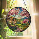 Cottage Garden Stained Glass Suncatcher, Round Spring Landscape Window Panel, Floral Mountain View Glass Art Home Decor Gift
