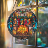 Christmas Fireplace Stained Glass Suncatcher, Round Holiday Stockings Window Panel, Cozy Winter Glass Art Home Decor Gift