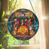 Christmas Fireplace Stained Glass Suncatcher, Round Holiday Stockings Window Panel, Cozy Winter Glass Art Home Decor Gift
