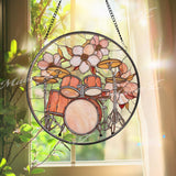 Drum Set Stained Glass Suncatcher, Round Musician Window Panel, Floral Band Instrument Glass Art Home Studio Decor Gift