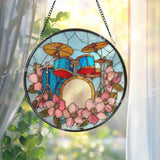 Blue Drum Set Stained Glass Suncatcher, Round Music Window Panel, Floral Band Instrument Glass Art Home Studio Decor Gift