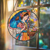 Lady with Parasol Stained Glass Suncatcher, Round Vintage Woman Window Panel, Floral Basket Glass Art Home Decor Gift