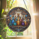 Potion Bottles Stained Glass Suncatcher, Round Fantasy Alchemy Window Panel, Wizard Lab Glass Art Home Decor Gift