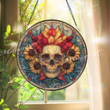 Skull Sunflower Stained Glass Suncatcher, Round Gothic Floral Window Panel, Day of the Dead Glass Art Home Decor Gift