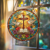 Bible Cross Dove Stained Glass Suncatcher, Round Christian Window Panel, Holy Spirit Faith Glass Art Home Decor Gift