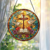 Bible Cross Dove Stained Glass Suncatcher, Round Christian Window Panel, Holy Spirit Faith Glass Art Home Decor Gift