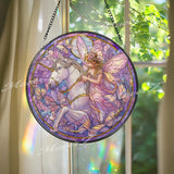 Fairy Unicorn Stained Glass Suncatcher, Round Fantasy Window Panel, Butterfly Magic Glass Art Home Decor Gift