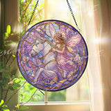 Fairy Unicorn Stained Glass Suncatcher, Round Fantasy Window Panel, Butterfly Magic Glass Art Home Decor Gift