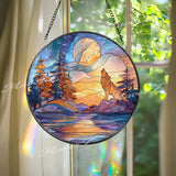 Wolf Moon Stained Glass Suncatcher, Round Forest Sunset Window Panel, Howling Wolf Glass Art Home Decor Gift