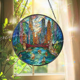 City Skyline Stained Glass Suncatcher, Round Urban River Window Panel, Modern Architecture Glass Art Home Decor Gift