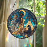 Native Spirit Stained Glass Suncatcher, Round Wolf Moon Window Panel, Tribal Woman Glass Art Home Decor Gift