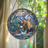 Bear Christmas Stained Glass Suncatcher, Round Winter Mountain Window Panel, Holiday Forest Glass Art Home Decor Gift