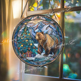Bear Christmas Stained Glass Suncatcher, Round Winter Mountain Window Panel, Holiday Forest Glass Art Home Decor Gift