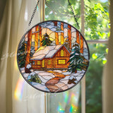 Cabin Winter Stained Glass Suncatcher, Round Snow Forest Window Panel, Cozy Log Home Glass Art Holiday Decor Gift