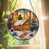 Cabin Winter Stained Glass Suncatcher, Round Snow Forest Window Panel, Cozy Log Home Glass Art Holiday Decor Gift