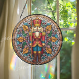 Nutcracker Stained Glass Suncatcher, Round Christmas Window Panel, Holiday Soldier Glass Art Home Decor Gift