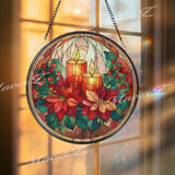 Christmas Candle Stained Glass Suncatcher, Round Poinsettia Holiday Window Panel, Festive Glass Art Home Decor Gift