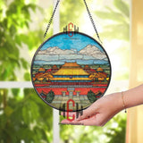 Forbidden City Stained Glass Suncatcher, Round Imperial Palace Window Panel, Asian Architecture Glass Art Home Decor Gift