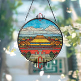 Forbidden City Stained Glass Suncatcher, Round Imperial Palace Window Panel, Asian Architecture Glass Art Home Decor Gift