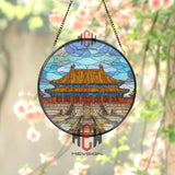 Imperial Palace Stained Glass Suncatcher, Round Forbidden City Window Panel, Asian Temple Architecture Glass Art Decor Gift