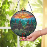 Temple Sunrise Stained Glass Suncatcher, Round Asian Pagoda Landscape Window Panel, Nature Mountain Sunset Glass Art Decor Gift