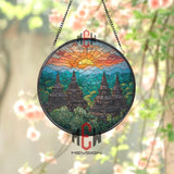 Temple Sunrise Stained Glass Suncatcher, Round Asian Pagoda Landscape Window Panel, Nature Mountain Sunset Glass Art Decor Gift