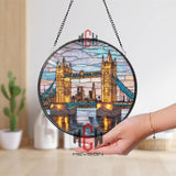 London Bridge Stained Glass Suncatcher, Round City Landmark Window Panel, Tower Bridge Glass Art Travel Decor Gift