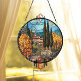 Tuscan Villa Stained Glass Suncatcher, Round Italian Countryside Window Panel, Cypress Tree Landscape Glass Art Home Decor