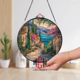 Mediterranean Village Stained Glass Suncatcher, Round Coastal Landscape Window Panel, Italian Seaside Glass Art Home Decor