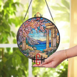 Greek Coast Stained Glass Suncatcher, Round Ancient Temple Window Panel, Mediterranean Seaside Glass Art Home Decor Gift