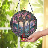 Castle Window Stained Glass Suncatcher, Round Gothic Arch Floral Panel, Fantasy Landscape Glass Art Home Decor Gift