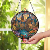 European City Stained Glass Suncatcher, Round River Bridge Window Panel, Old Town Architecture Glass Art Home Decor Gift