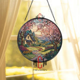 Country Cottage Stained Glass Suncatcher, Round Spring Landscape Window Panel, Floral Path Garden Glass Art Home Decor Gift