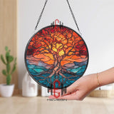 Tree of Life Stained Glass Suncatcher, Round Sunset Nature Window Panel, Sacred Roots Glass Art Home Decor Gift