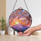 Mount Fuji Stained Glass Suncatcher, Round Cherry Blossom Sunset Window Panel, Japanese Landscape Glass Art Home Decor Gift