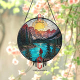 Mountain Explorer Stained Glass Suncatcher, Round Hiking Landscape Window Panel, Nature Adventure Glass Art Home Decor Gift
