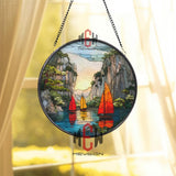 Sailboat Sunset Stained Glass Suncatcher, Round Coastal Ocean Window Panel, Nautical Sailing Glass Art Home Decor Gift