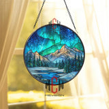 Northern Lights Stained Glass Suncatcher, Round Mountain Winter Window Panel, Aurora Borealis Glass Art Home Decor Gift