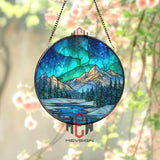 Northern Lights Stained Glass Suncatcher, Round Mountain Winter Window Panel, Aurora Borealis Glass Art Home Decor Gift